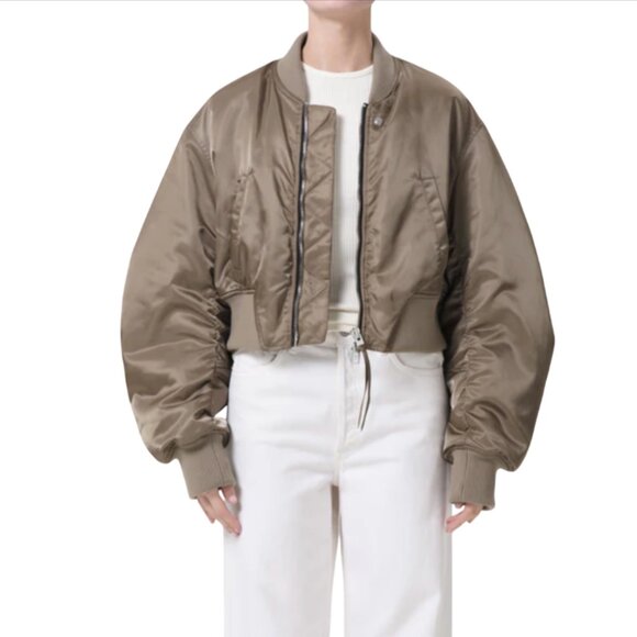 AGOLDE Shoreditch Ski Club Jett Bomber Jacket Coat Womens XL Army Green Satin - Picture 13 of 13